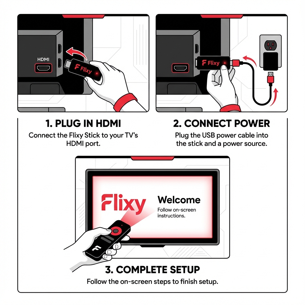 Step-by-step illustration of setting up Flixy TV Stick